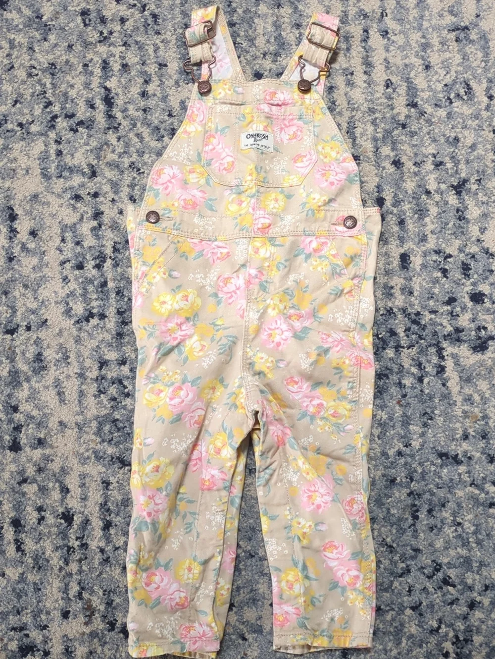 OshKosh B'gosh Tan Floral Girls' Overalls with Pink & Yellow Blossoms